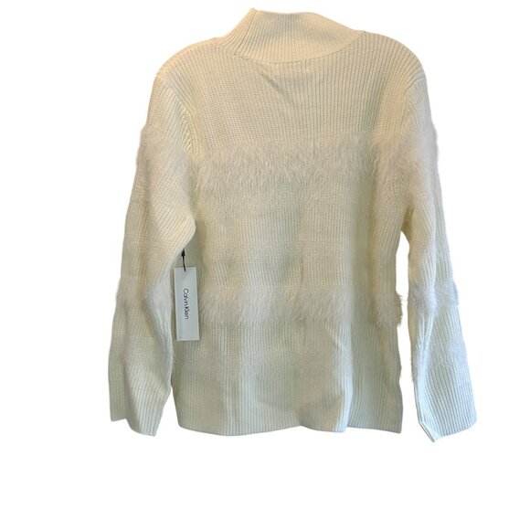 Calvin Klein Large Mock Neck Fuzzy Stripes Sweater Ribbed Knit Winter White - Picture 3 of 10